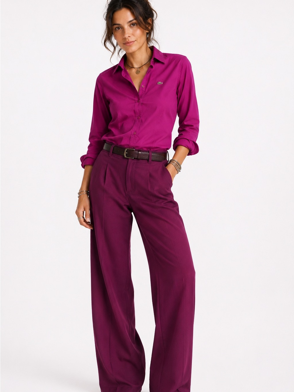 Lacoste Fitted Button Down Shirt Womens XS Magenta cotton stretch